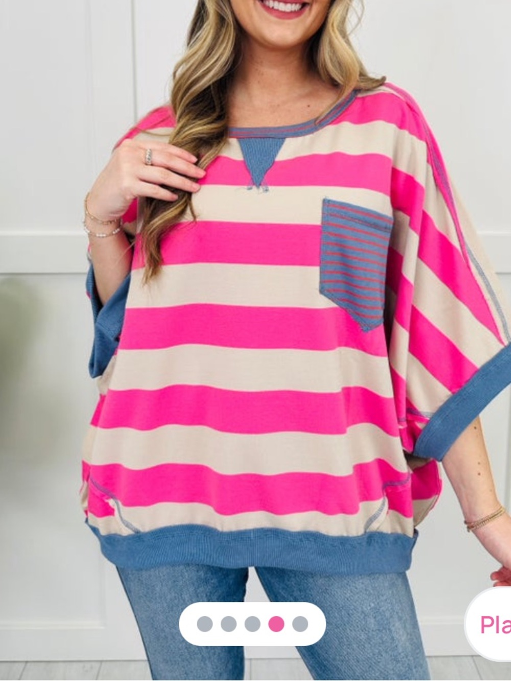 Fantastic Fawn Pink & Cream Striped Tunic with Blue Trim
